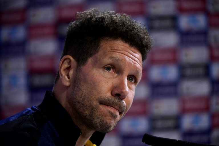 Atletico Madrid's coach Diego Simeone looks on during a press conference at Atletico de Madrid's sport city in Majadahonda on April 7, 2017