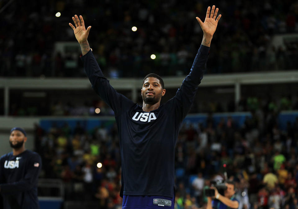 Paul George celebrates Team USA's win over Serbia during the Men's Gold medal game at the 2016 Summer Olympics in Rio de Janeiro, Brazil. (Mike Ehrmann/Getty Images)