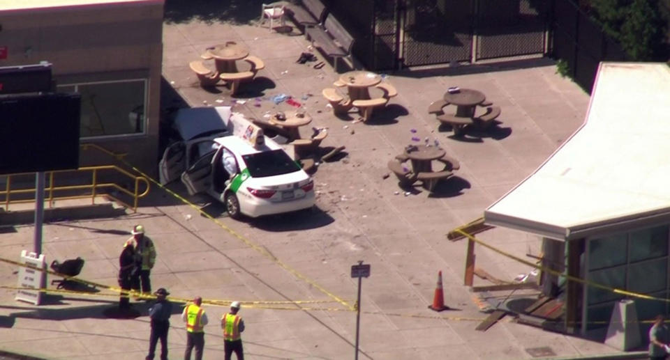 <p>A screengrab of the scene where a cab jumped a curb striking several bystanders near the Logan International Airport taxi pool in Boston, MA, July 3, 2017. (WCBV Boston/ABC News) </p>