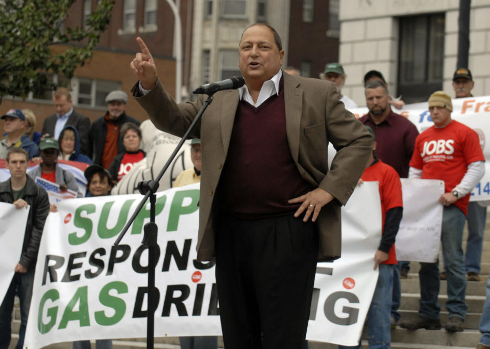 New York state Sen. Thomas Libous, R-Binghamton, speaks at a rally in favor of responsible natural gas drilling in New York outside the Capitol in Albany, N.Y. on Monday, Oct. 15, 2012. (AP Photo/Tim Roske)
