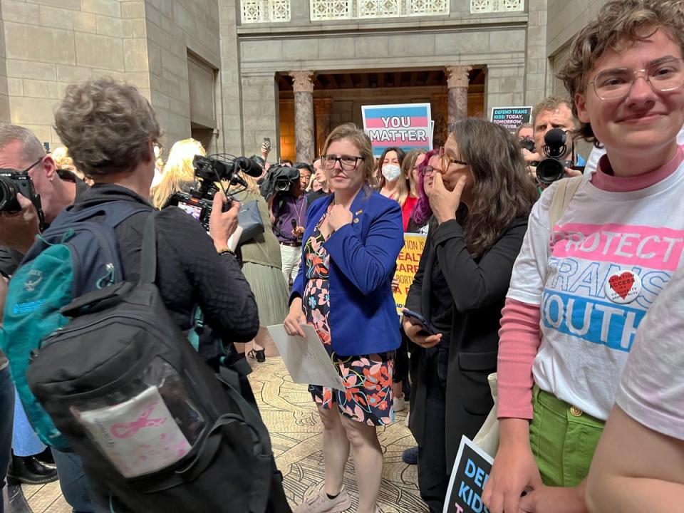 State Sen Machaela Cavanaugh addresses reporters after lawmakers passed a measure that targets both abortion and gender-affirming care (AP)