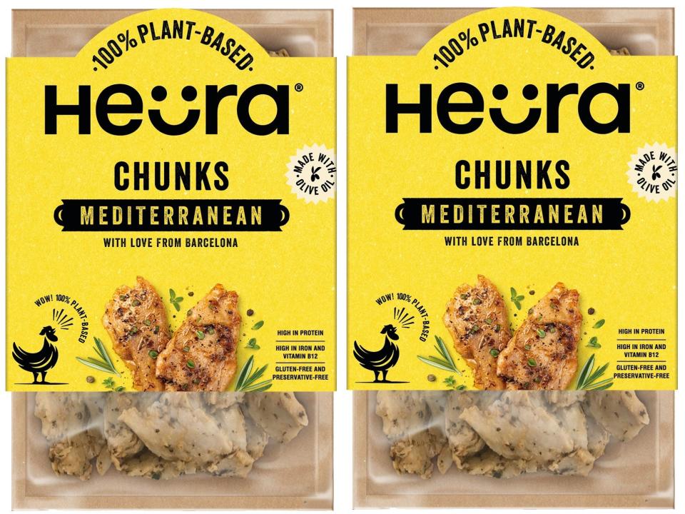 Heura Foods' Mediterranean chunks products in yellow packaging.