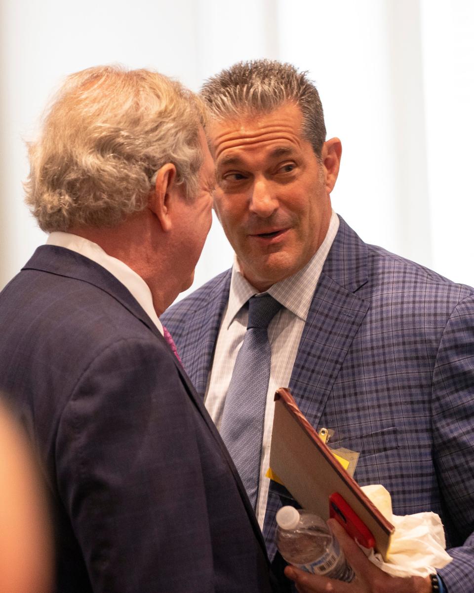 Dick Harpootlian and Eric Bland talk in Alex Murdaugh’s trial for murder at the Colleton County Courthouse on Thursday, February 9, 2023. Andrew J. Whitaker/The Post and Courier/Pool