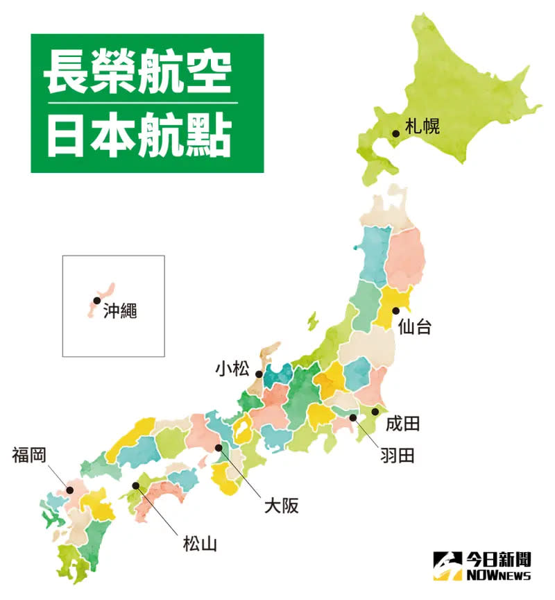 ▲長榮航空6日復航愛媛松山後，在日本計有東京成田、羽田、大阪、福岡、札幌、 仙台、小松、沖繩以及松山共9個航點，每週達126班。（圖／NOWnews製）