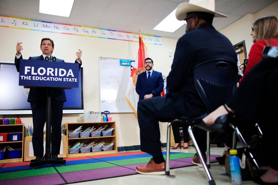 Governor Ron DeSantis speaks on Jan. 23 at Duval Charter School at Baymeadows K-12 in Jacksonville.