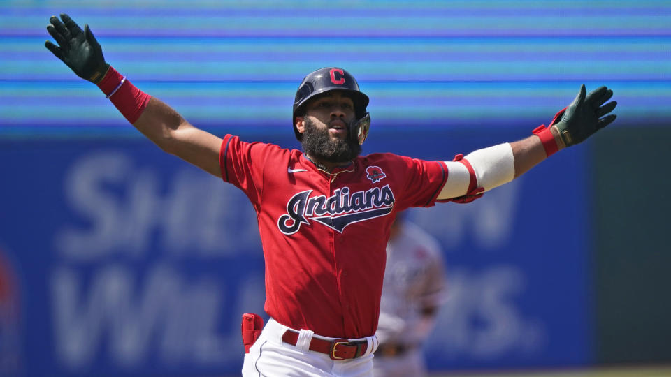 Cleveland Indians' Amed Rosario celebrates after hitting a solo home run in the first inning of the first baseball game of a doubleheader against the Chicago White Sox, Monday, May 31, 2021, in Cleveland. (AP Photo/Tony Dejak)