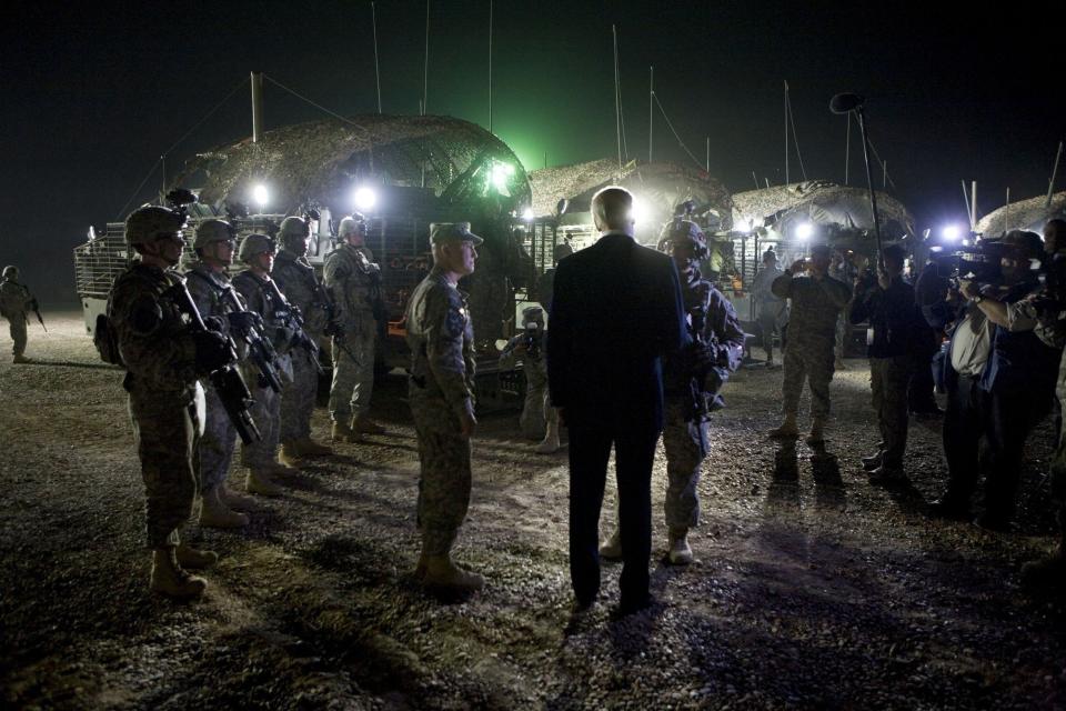 Vice President Joe Biden visits with troops in the 4&ndash;2 Stryker Brigade outside the mess hall at Camp Victory, Iraq, January 23,&nbsp;2010.