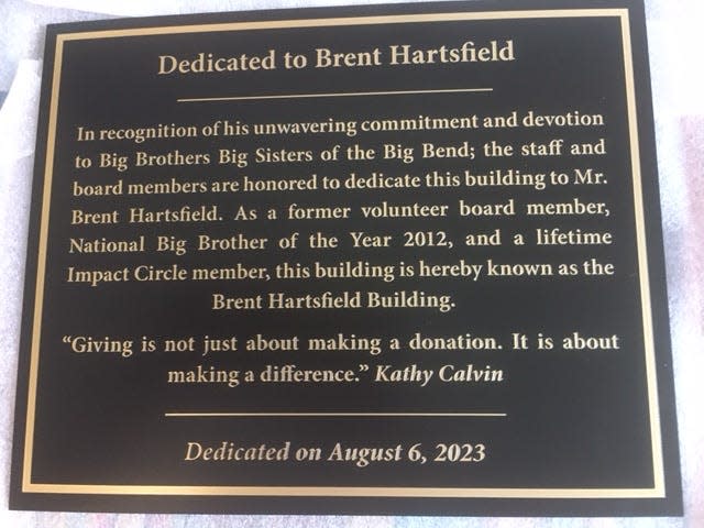 Big Brothers Big Sisters plaque dedicated to Brent Hartsfield on Aug. 6, 2023.