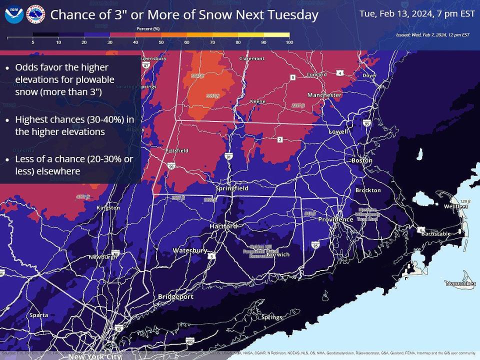 An early look at the chances of three or more inches of snow during a possible storm on Tuesday. The forecast and storm track remains uncertain, but coastal flooding is also possible on Cape Cod.