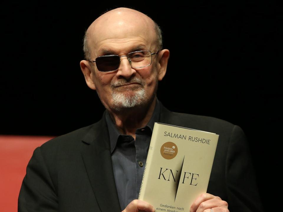 Salman Rushdie attends a presentation of his book ‘Knife: Meditations After an Attempted Murder’ at Deutsches Theater on May 16, 2024 in Berlin, Germany. (Adam Berry/Getty Images)