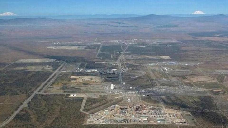 The center of the 580-square-mile Hanford nuclear reservation is shown in this aerial view.