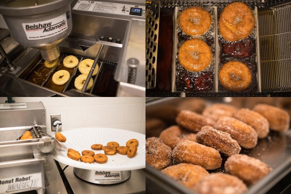 Fresh apple cinnamon donuts are prepared at Goober's Diner in Wilmington, Delaware.