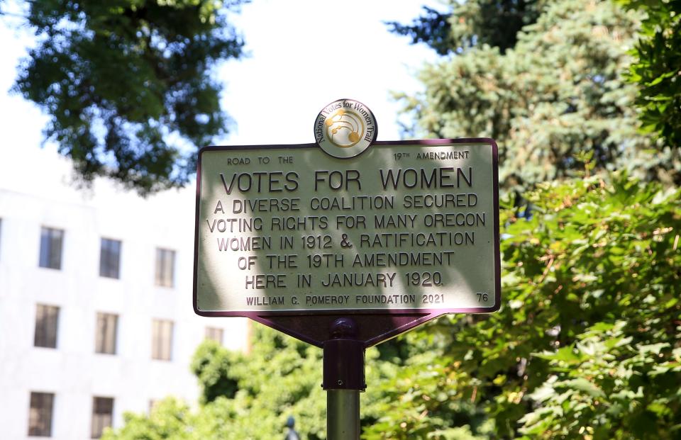 Oregon's first women's suffrage marker is unveiled Thursday at the Oregon State Capitol State Park.