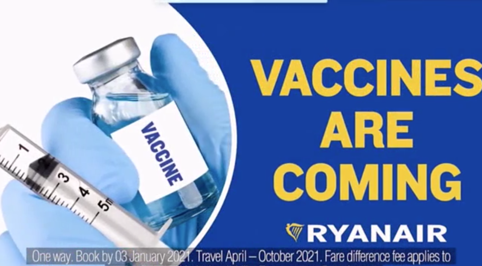 Ryanair’s new advert in response to the new coronavirus vaccineRyanair