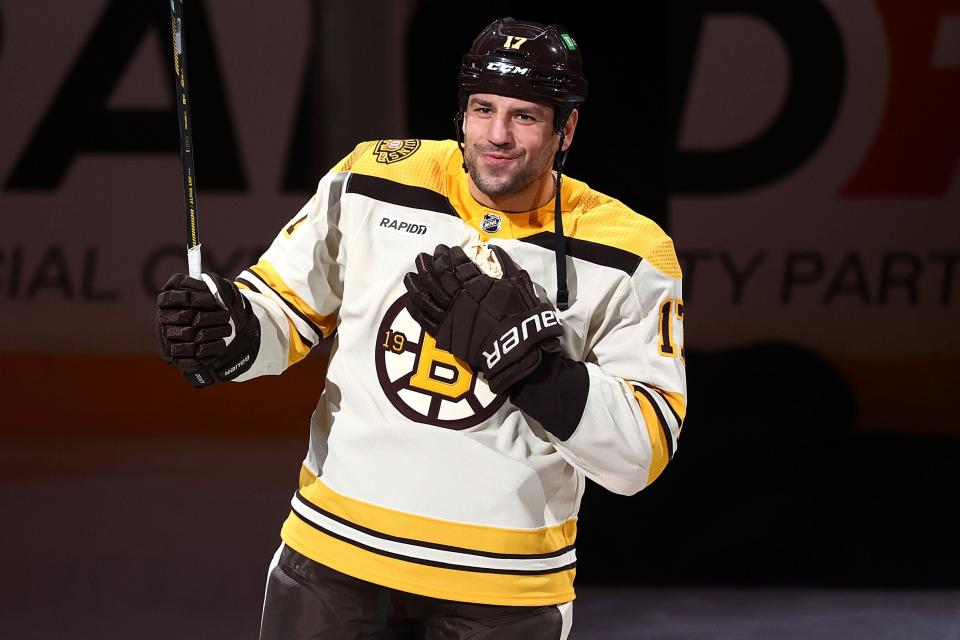 BOSTON, MASSACHUSETTS - OCTOBER 11: Milan Lucic #17 of the Boston Bruins is announced before the Bruins home opener against the Chicago Blackhawks at TD Garden on October 11, 2023 in Boston, Massachusetts. (Photo by Maddie Meyer/Getty Images)