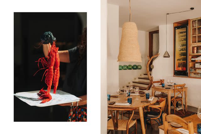 <p>Salva López</p> From left: Lanzarote's famous carabineros de La Santa, bright-red prawns, at SeBe; the dining room at SeBe, in the resort town of Costa Teguise, on Lanzarote.