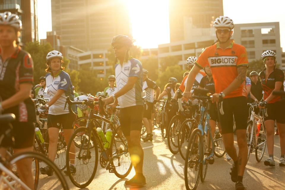 Riders line up in the staging area prior to the start of the 25 and 50-mile rides for Pelotonia at McFerson Commons on in 2016.