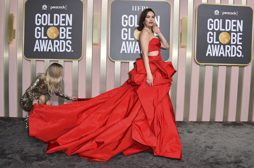 Lily James arrives at the 80th annual Golden Globe Awards at the Beverly Hilton Hotel on Tuesday, Jan. 10, 2023, in Beverly Hills, Calif. (Photo by Jordan Strauss/Invision/AP)