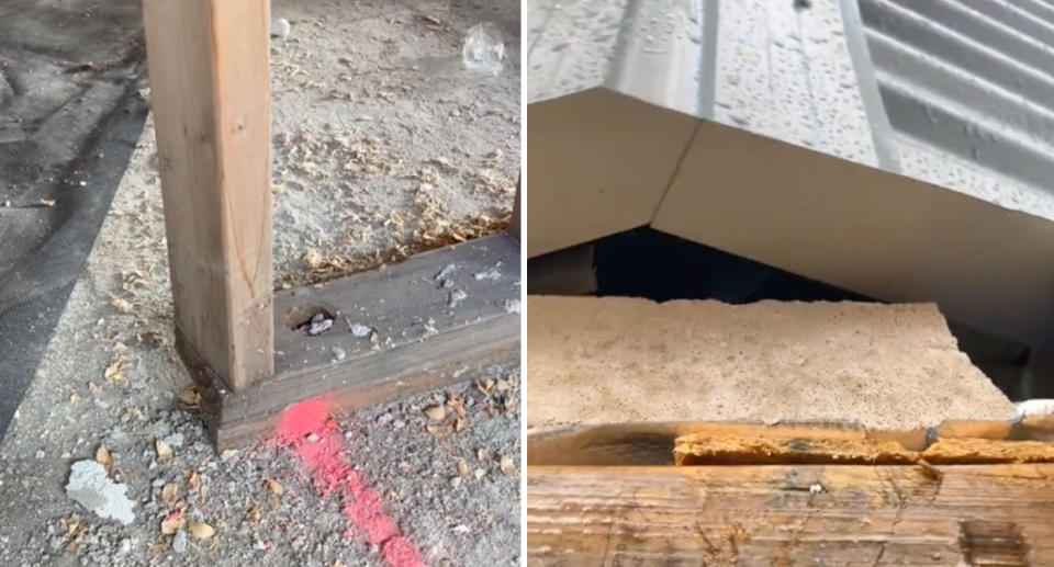 A photo of a wooden stump inside the home, which is slanted. A photo of the roof which wasn't built in proper order to withstand rain.