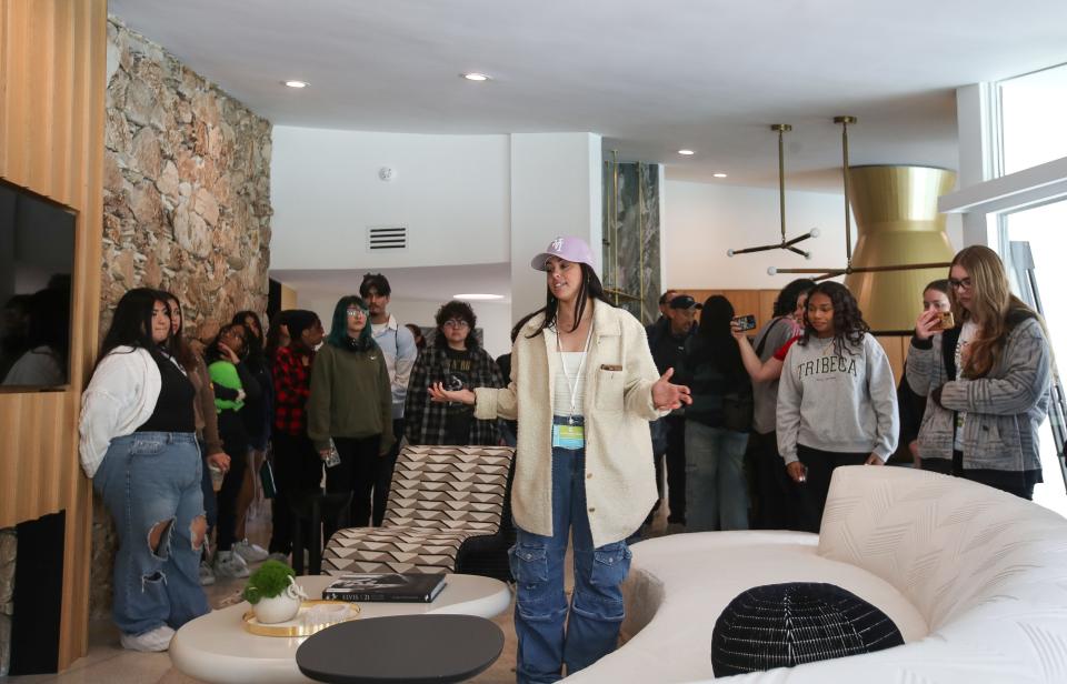 Katrina Dippner, center, leads a tour for students from Cathedral City and Palm Springs High Schools at the House of Tomorrow during Modernism Week in Palm Springs, Calif., Feb. 21, 2024.