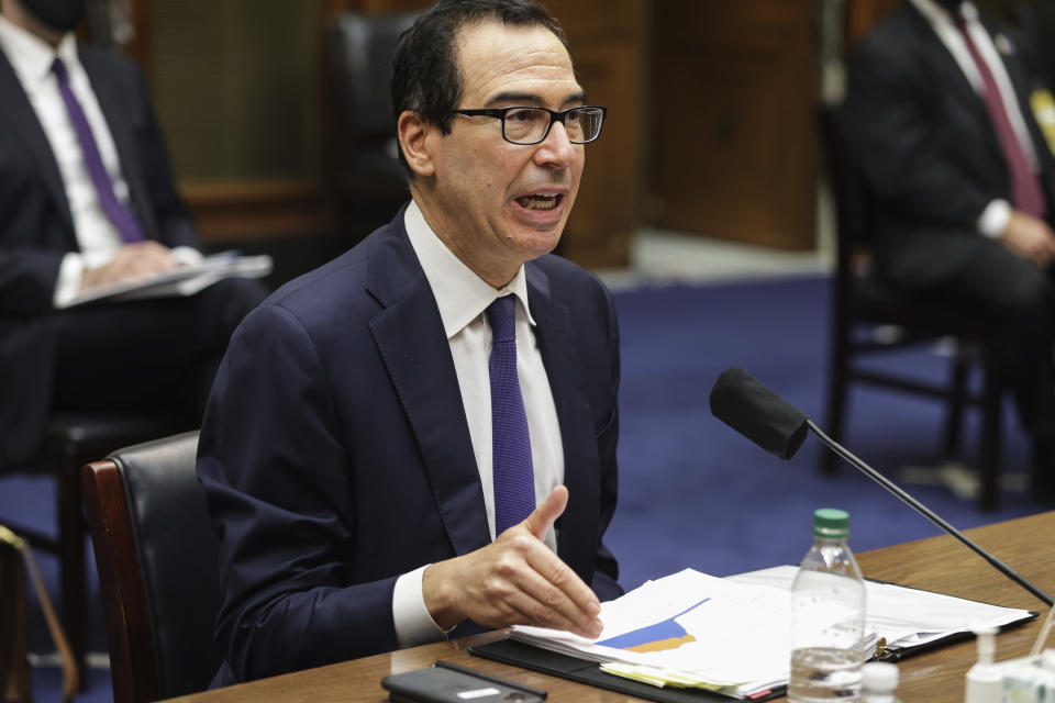 Treasury Secretary Steven Mnuchin testifies before the House Select Subcommittee on the Coronavirus Crisis, during a hybrid hearing, Tuesday, Sept. 1, 2020, on Capitol Hill in Washington. (Graeme Jennings/Pool via AP)