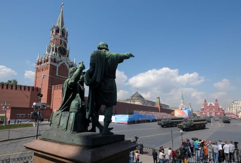 FILE PHOTO: S-400 missile air defence systems (front) drive during a rehearsal for a parade marking the anniversary of the victory over Nazi Germany in World War Two, in Red Square in central Moscow