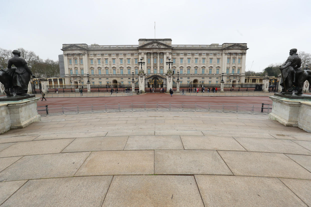 Empty streets surrounding Buckingham Palace after Queen Elizabeth II left London for Windsor Castle to socially distance herself amid the coronavirus pandemic. (Photo by Aaron Chown/PA Images via Getty Images)