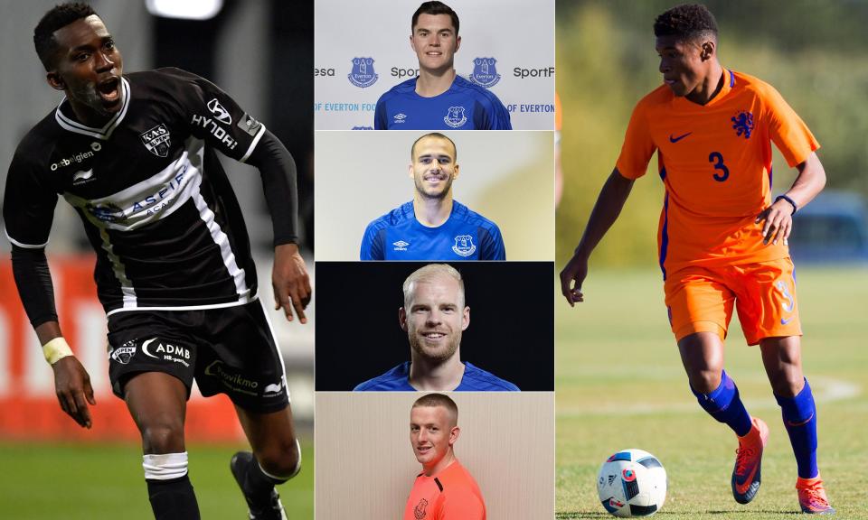 Six of Everton’s signings last summer, from left: Henry Onyekuru, Michael Keane, Sandro Ramírez, Davy Klaassen, Jordan Pickford and Nathangelo Markelo.