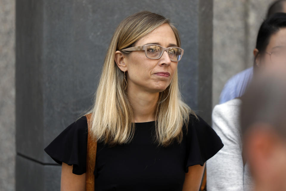 Annie Framer, one of Jeffrey Epstein's accusers who spoke at his bail hearing, attends a news conference outside federal court, in New York, Monday, July 15, 2019. Farmer says she was 16 when she "had the misfortune" of meeting Epstein and later went to spend time with him in New Mexico. (AP Photo/Richard Drew)