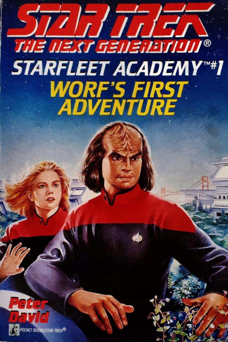 The cover to the 1990 Star Trek novel, Starfleet Academy: Worf's First Adventure.
