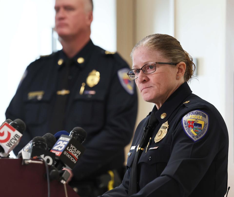 Stoughton Police Chief Donna McNamara, right, with Deputy Police Chief Brian Holmes beside her speaks at a press conference on Friday, Sept. 23, 2022, at police headquarters. McNamara revealed the results of an internal investigation, which found that three now-former Stoughton police officers engaged in inappropriate relationships with a young woman who took her own life while pregnant last year.