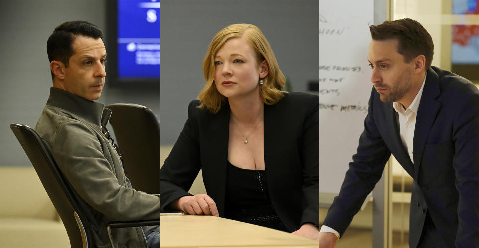 This combination of three separate photos shows Jeremy Strong as Kendall Roy, left, Sarah Snook as Shiv Roy, center, and Kieran Culkin as Roman Roy, from the HBO series "Succession." (HBO via AP)