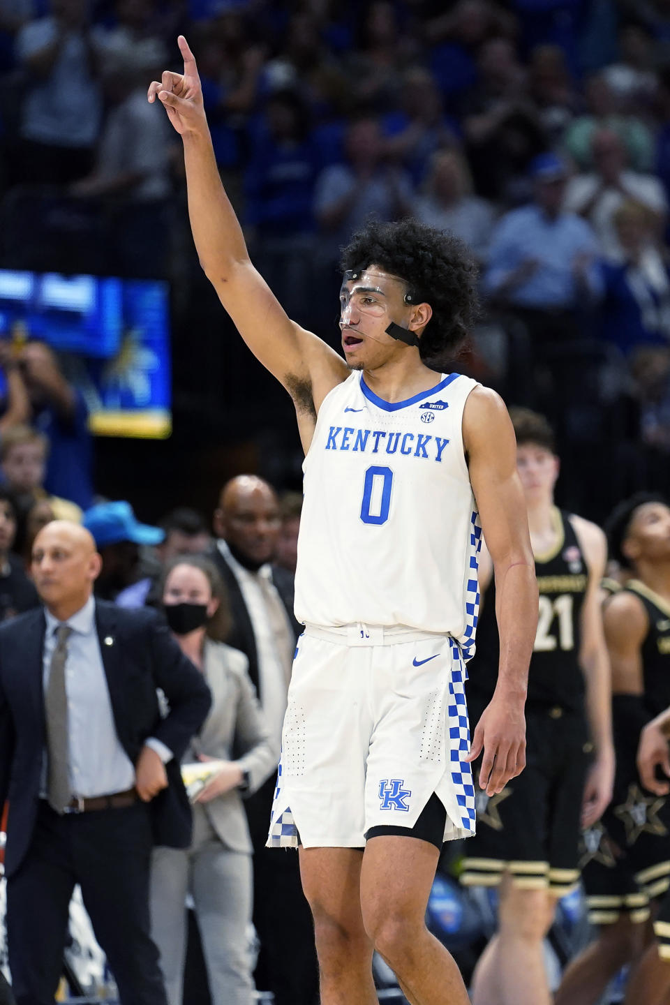 Kentucky forward Jacob Toppin (0) celebrates during the second half of the team's NCAA college basketball game against Vanderbilt in the Southeastern Conference men's tournamentFriday, March 11, 2022, in Tampa, Fla. (AP Photo/Chris O'Meara)