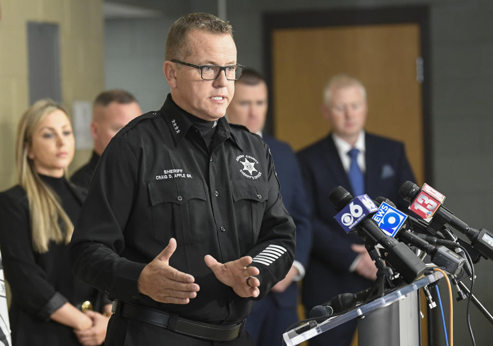 Albany County Sheriff Craig Apple speaks during a news conference at the Albany County Sheriff office after a criminal complaint was filed charging former New York Governor Andrew Cuomo with a misdemeanor sex offense of alleged forcible touching of a former executive assistant Friday, Oct. 29, 2021, in New Scotland, N.Y. (AP Photo/Hans Pennink)