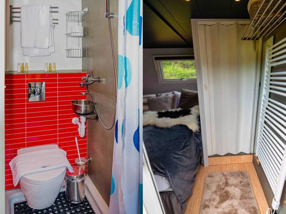 red tile behind small shower next to small are with bed