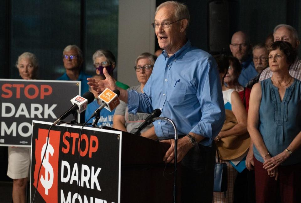 Terry Goddard, former Arizona attorney general, speaks during a Dark Money news conference on Aug. 22, 2022, at the Outlier Center in Phoenix.