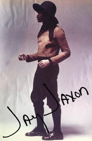 Model Lester Wilson, Profile Posed Wearing “The Knicker Kick: Blouson de daim marron avec knickers de jersey noir” with Jay Jaxon's signature from Jay Jaxon’s Prêt-à-Porter Collection, 1970