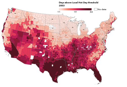 This map shows an increasing number of hot days in communities nationwide in 2053.