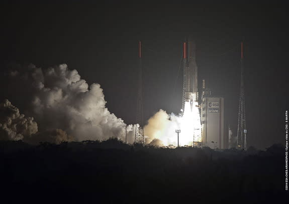 An Arianespace Ariane 5 rocket launches into space on March 22, 2014 from the Guiana Space Center in Kourou, French Guiana, in South America. The rocket carried the Astra 5B and Amazonas 4A satellites into orbit.