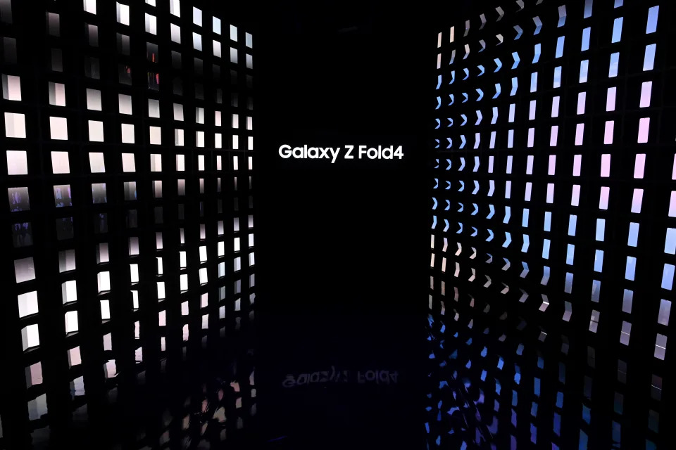 NEW YORK, NEW YORK - AUGUST 10: A display wall of Samsung Galazy Z Fold4 Phones at the Samsung 2022 Galaxy Creators Lounge Event on August 10, 2022 in New York City. (Photo by Bryan Bedder/Getty Images for Samsung)