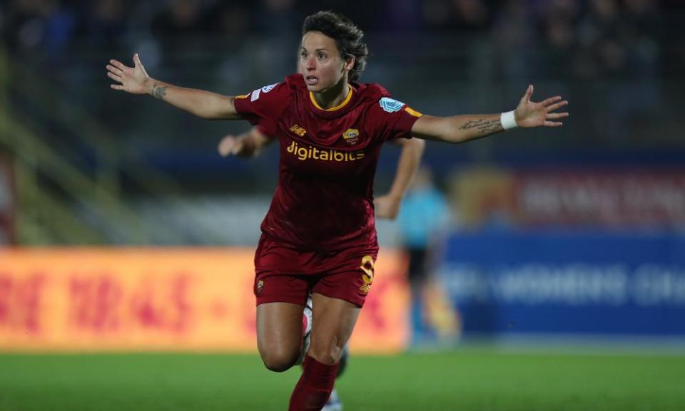 Valentina Giacinti celebrates after scoring the opening goal for Roma in their 1-1 draw with Wolfsburg.