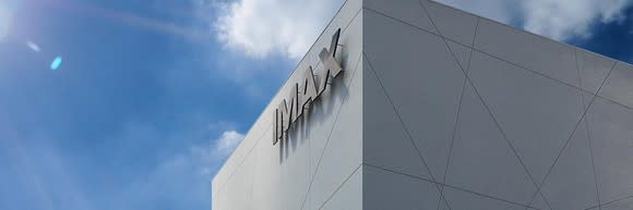 Upper corner of IMAX theater building against a blue sky with a few clouds.