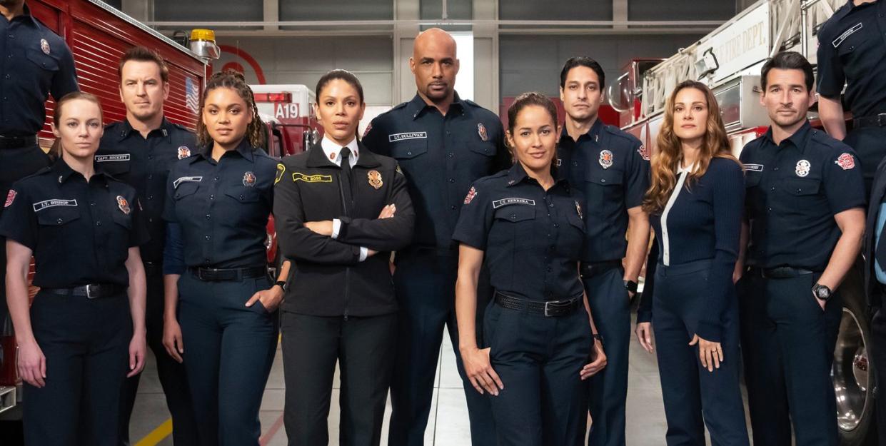 jason george as ben warren, danielle savre as maya bishop, josh randall as captain sean beckett, barrett doss as victoria hughes, merle dandridge as fire chief natasha ross, boris kodjoe as captain robert sullivan, jaina lee ortiz as andy herrera, carlos miranda as theo ruiz, stefania spampinato as dr carina deluca, jay hayden as travis montgomery, grey damon as jack gibson, and pat healy as michael dixon, station 19