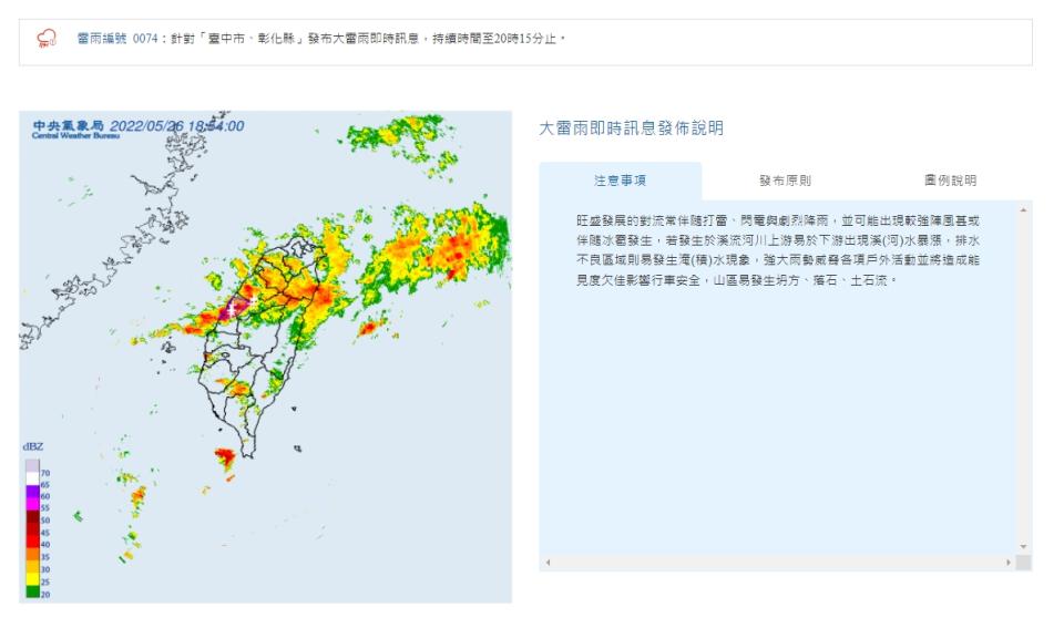 氣象局針對台中市及彰化縣發布「大雷雨即時訊息」。（圖／翻攝自中央氣象局）