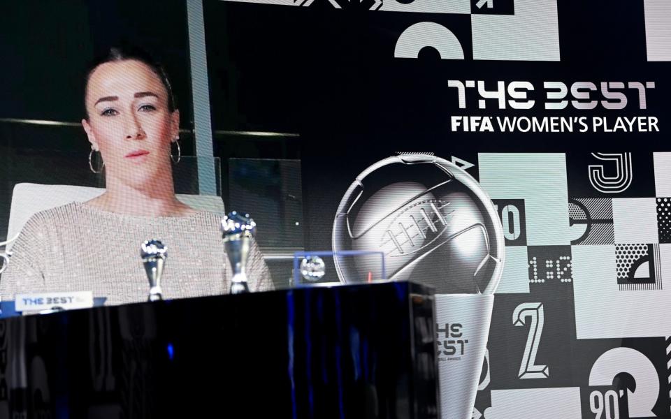  Lucy Bronze is seen giving a acceptance speech via video link after winning The Best FIFA Women's Player during the The Best FIFA Football Awards on December 17, 2020 - Valeriano Di Domenico - Pool/Getty Images