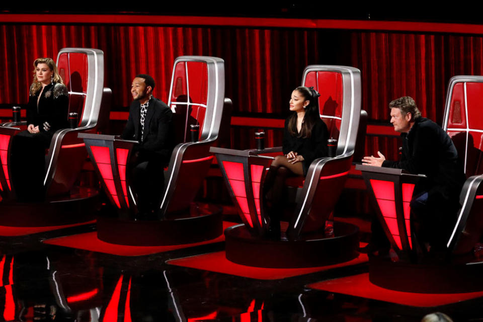 Kelly Clarkson, John Legend, Ariana Grande and Blake Shelton on “The Voice.” - Credit: Trae Patton/NBC