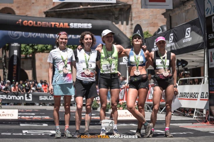 A group of elite women at the finish of the race