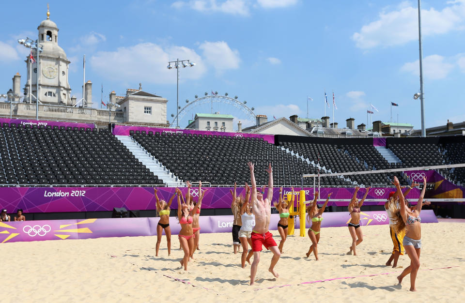 Dancers rehearse at the Beach Volleyball venue at Horse Guards Parade on July 25, 2012 in London, England. (Ryan Pierse/Getty Images)