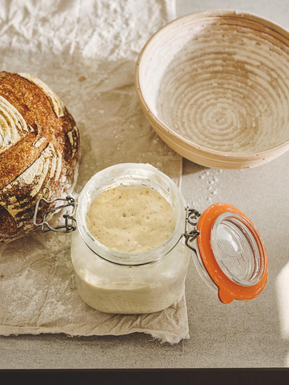 A picture of sourdough bread and sourdough starter from Paul Hollywood's book, "Bake."