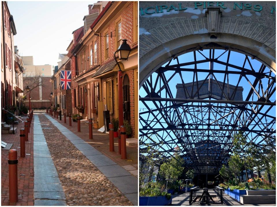 Side by side of Elfreth's Alley and Cherry Street Pier in Philadelphia, PA